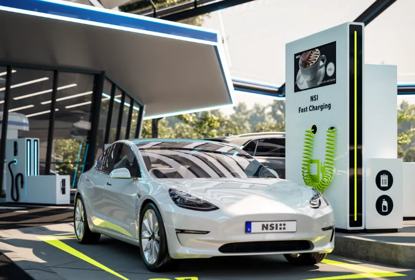 Weißes Elektroauto an einer Schnellladesäule mit grünem Spiralkabel unter einem überdachten Ladeplatz